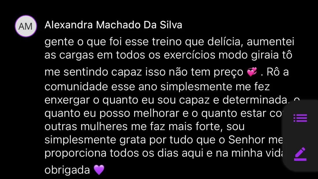 Depoimento escrito de aluna da RO Training
